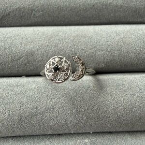 Sterling Silver Star and Crescent Ring with Black Center Stone